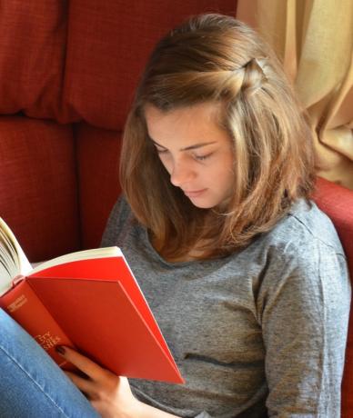 Ung tjej i en röd soffa som läser en röd bok